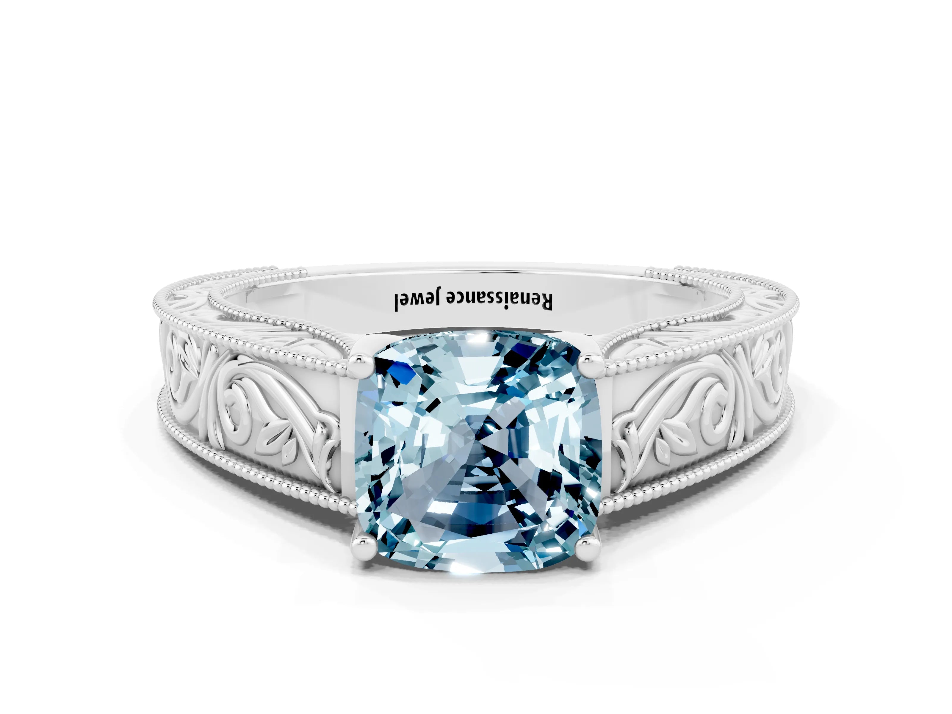 White gold Cushion Cut Aquamarine Solitaire Ring with Engraved Band and Four-Prong Setting