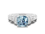 White gold Cushion Cut Aquamarine Solitaire Ring with Filigree Band and Four-Prong Setting_24