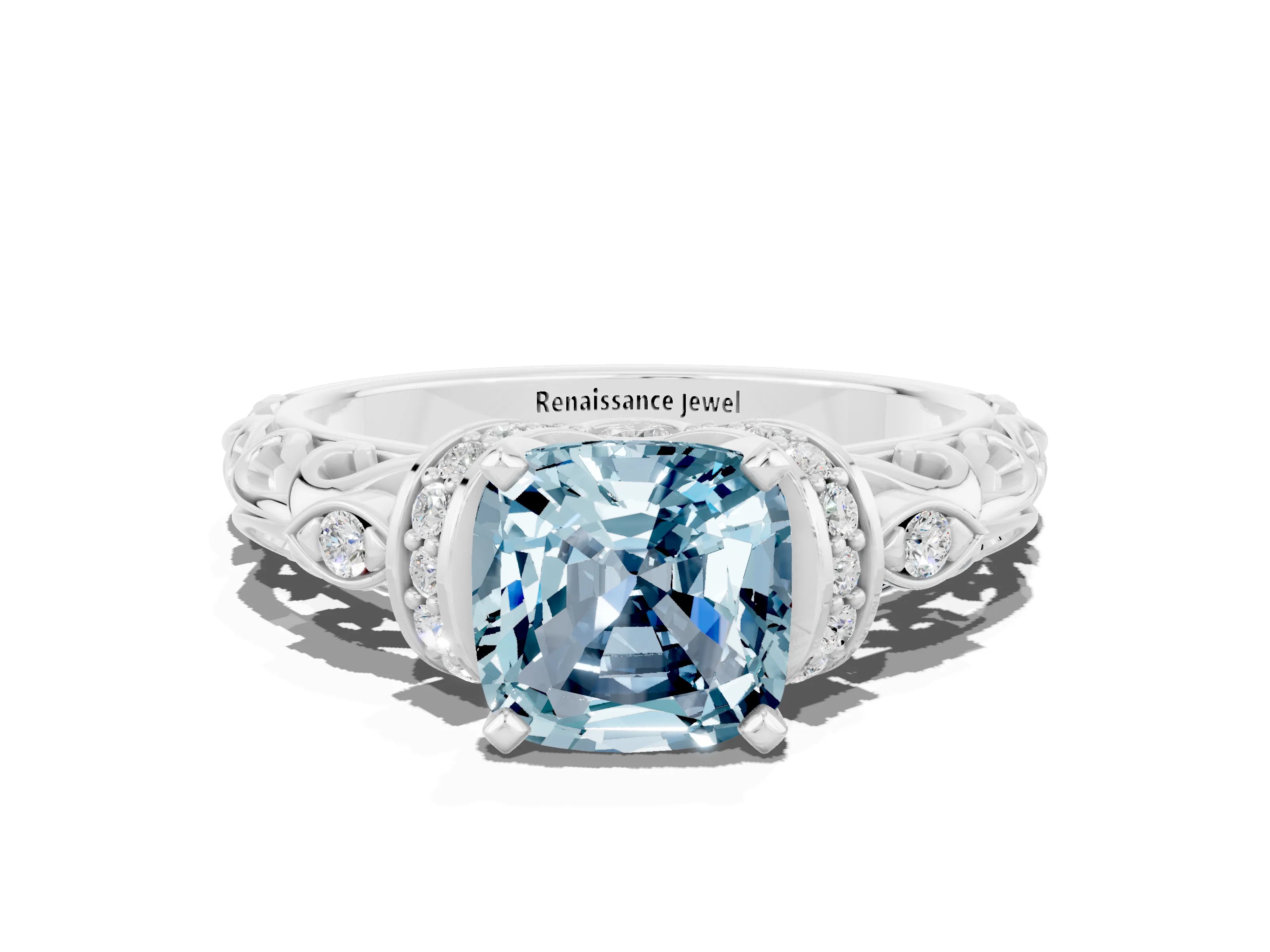 White gold Cushion Cut Aquamarine Solitaire Ring with Filigree Band and Four-Prong Setting_24