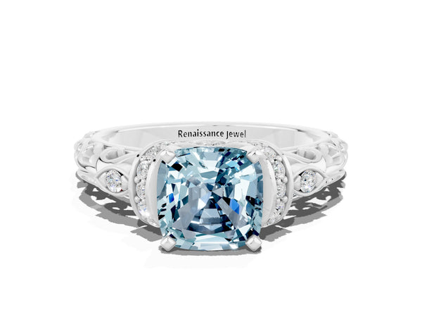White gold Cushion Cut Aquamarine Solitaire Ring with Filigree Band and Four-Prong Setting
