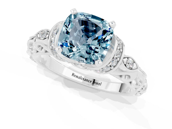 Platinum Cushion Cut Aquamarine Solitaire Ring with Filigree Band and Four-Prong Setting
