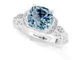 White gold Cushion Cut Aquamarine Solitaire Ring with Filigree Band and Four-Prong Setting_25
