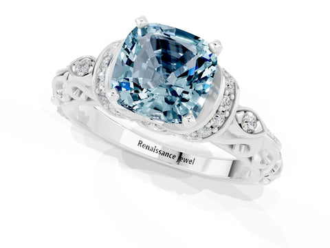 White gold Cushion Cut Aquamarine Solitaire Ring with Filigree Band and Four-Prong Setting_25