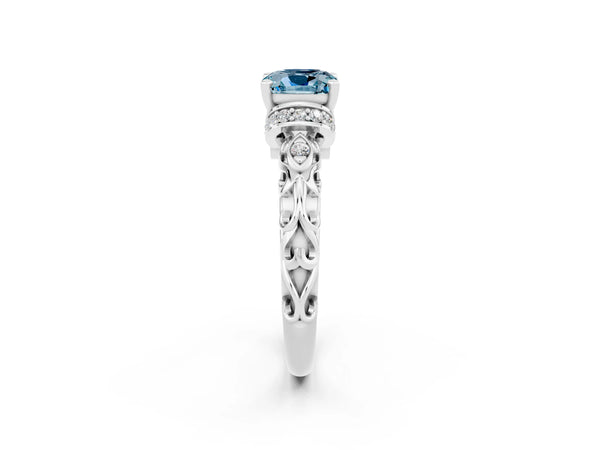 White gold Cushion Cut Aquamarine Solitaire Ring with Filigree Band and Four-Prong Setting