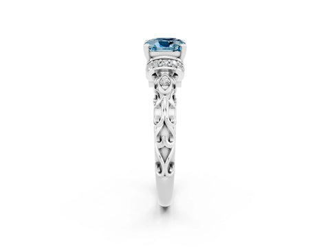 White gold Cushion Cut Aquamarine Solitaire Ring with Filigree Band and Four-Prong Setting_26