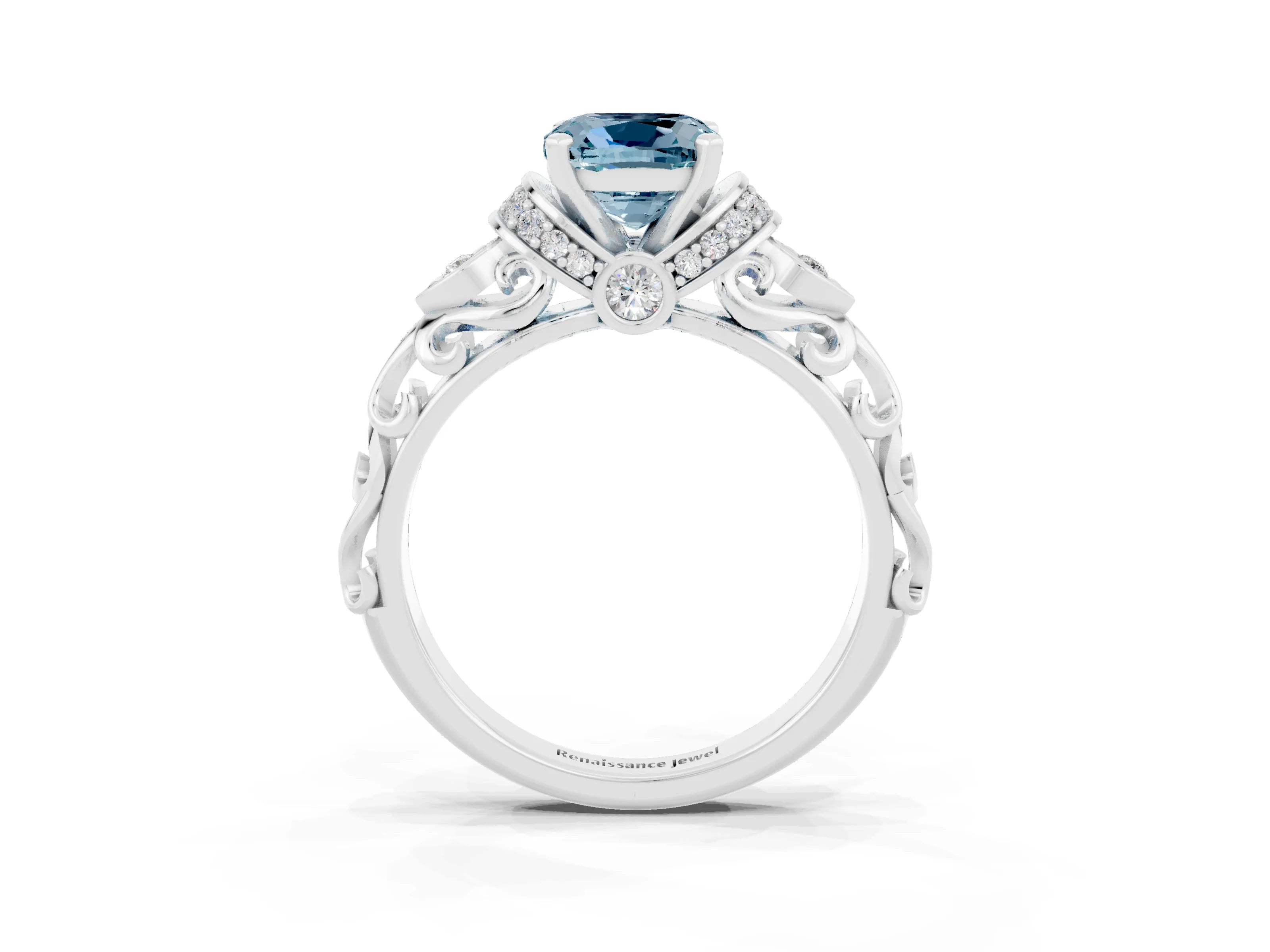 White gold Cushion Cut Aquamarine Solitaire Ring with Filigree Band and Four-Prong Setting_27