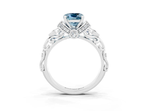 Platinum Cushion Cut Aquamarine Solitaire Ring with Filigree Band and Four-Prong Setting