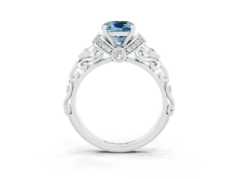 White gold Cushion Cut Aquamarine Solitaire Ring with Filigree Band and Four-Prong Setting_27