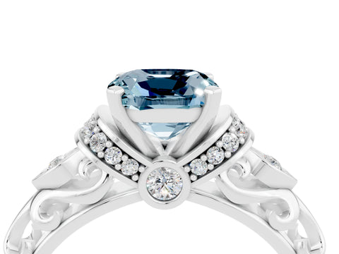 White gold Cushion Cut Aquamarine Solitaire Ring with Filigree Band and Four-Prong Setting_28