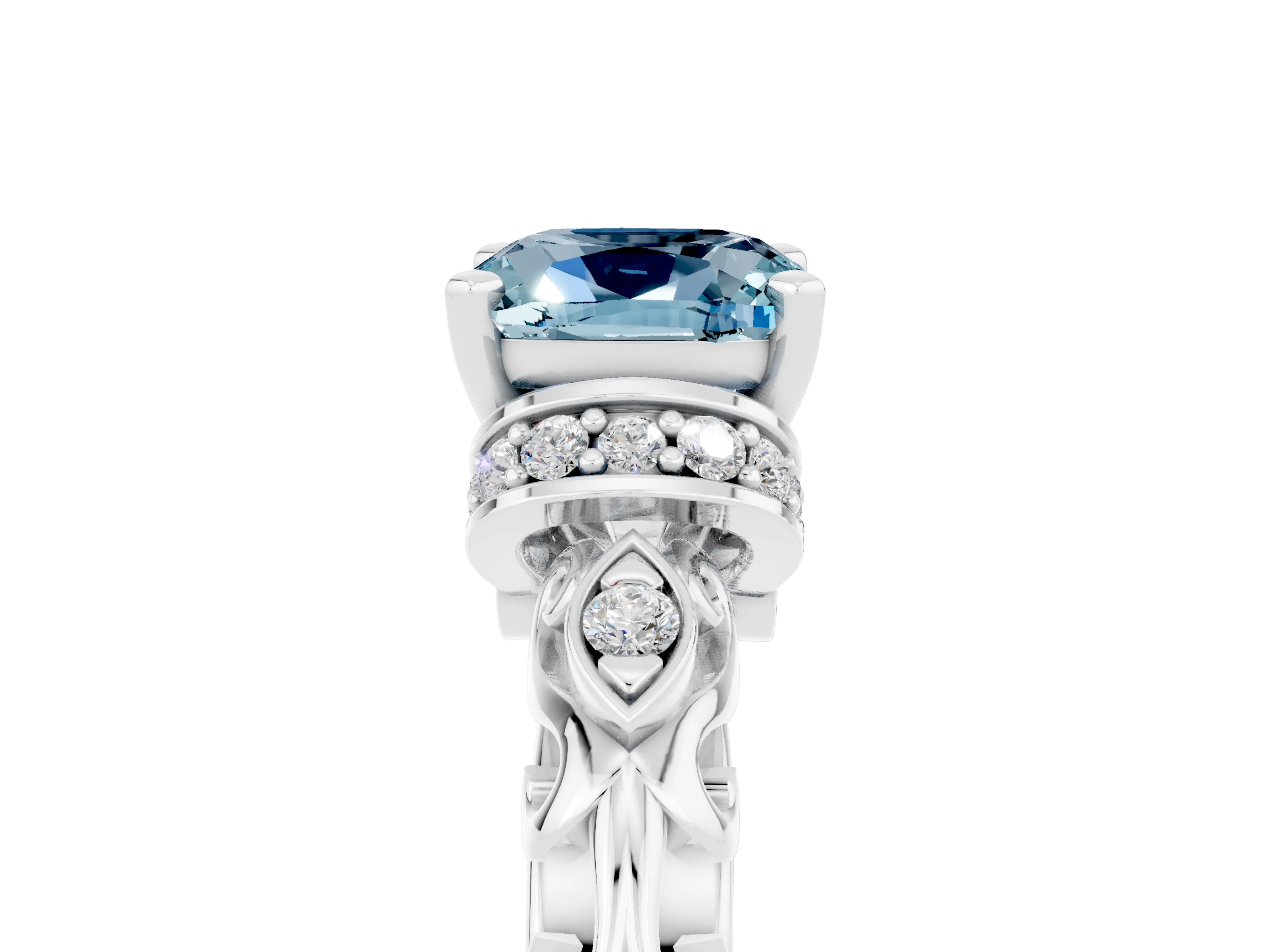 White gold Cushion Cut Aquamarine Solitaire Ring with Filigree Band and Four-Prong Setting_29