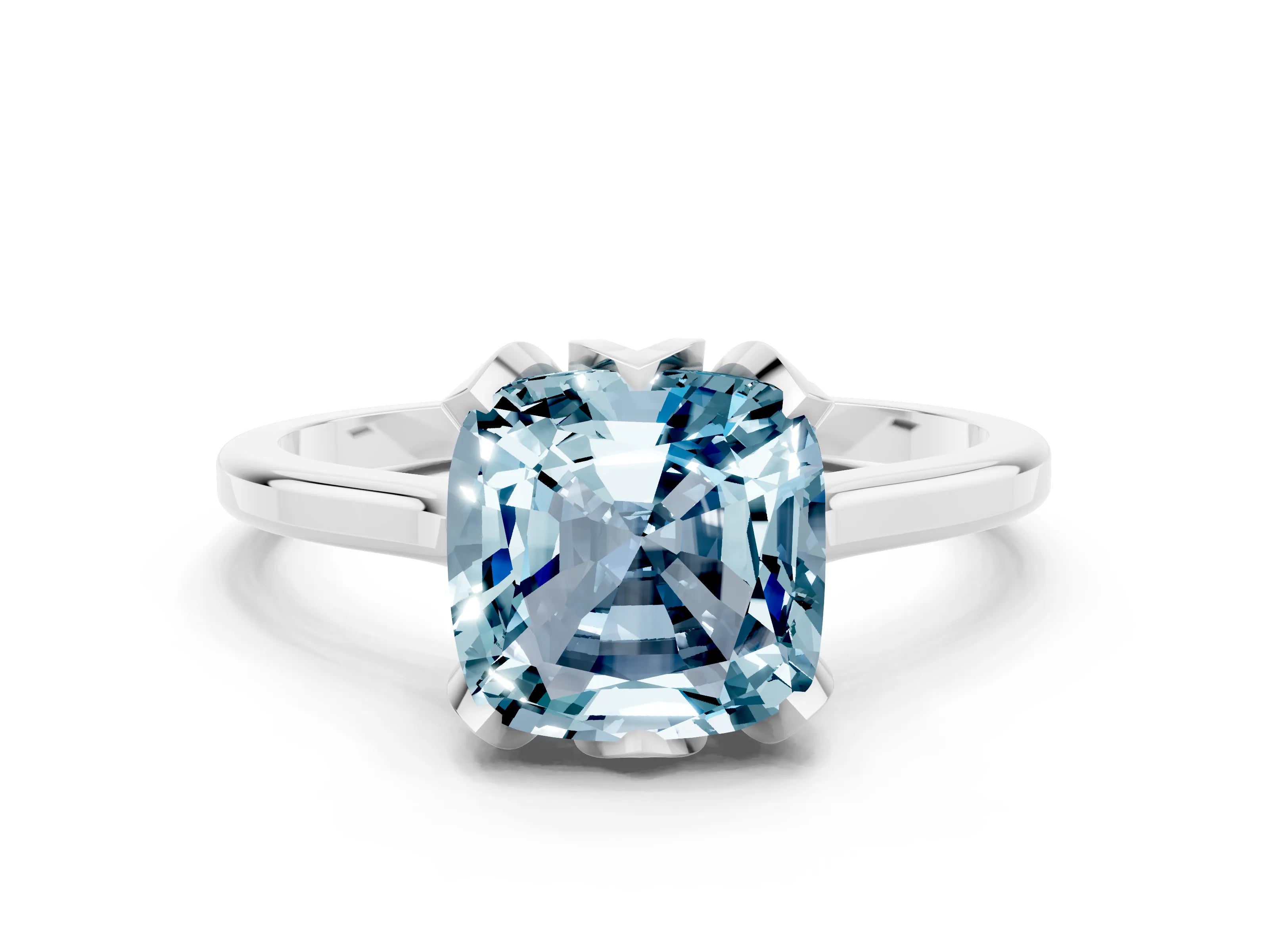 White gold Cushion Cut Aquamarine Solitaire Ring with Flower Prong Setting and Classic Band_12