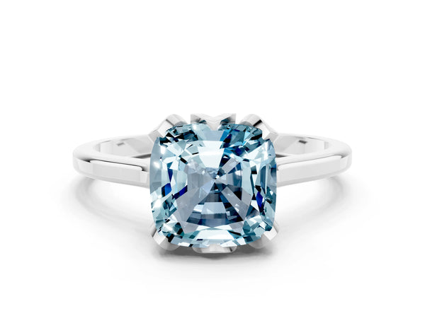 Silver Cushion Cut Aquamarine Solitaire Ring with Flower Prong Setting and Classic Band
