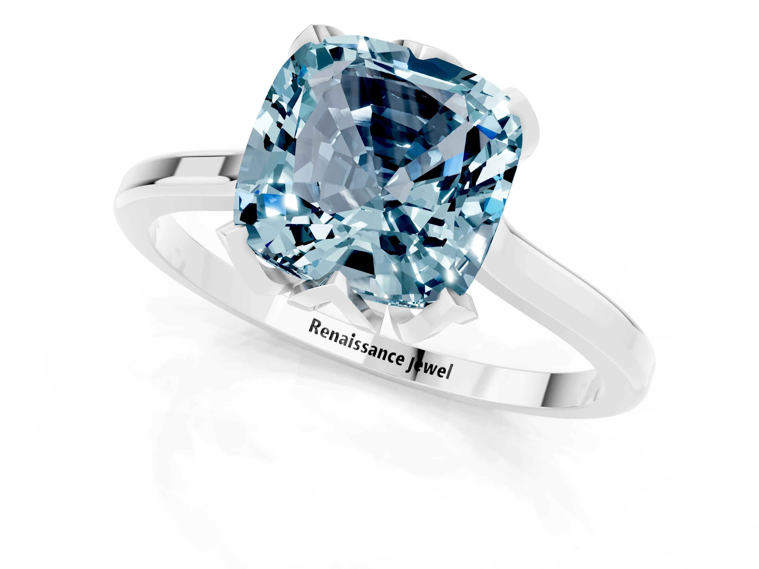 White gold Cushion Cut Aquamarine Solitaire Ring with Flower Prong Setting and Classic Band_13