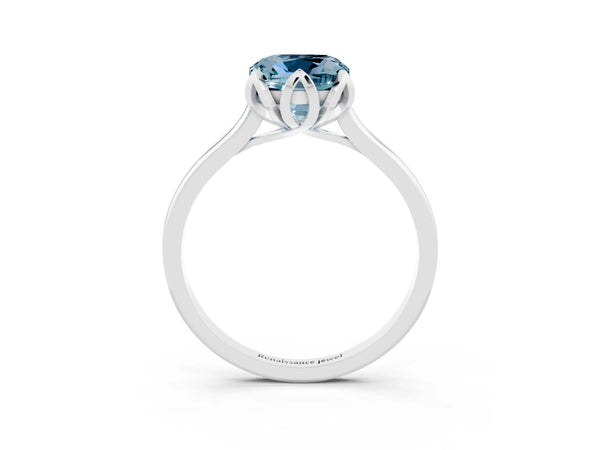 Platinum Cushion Cut Aquamarine Solitaire Ring with Flower Prong Setting and Classic Band