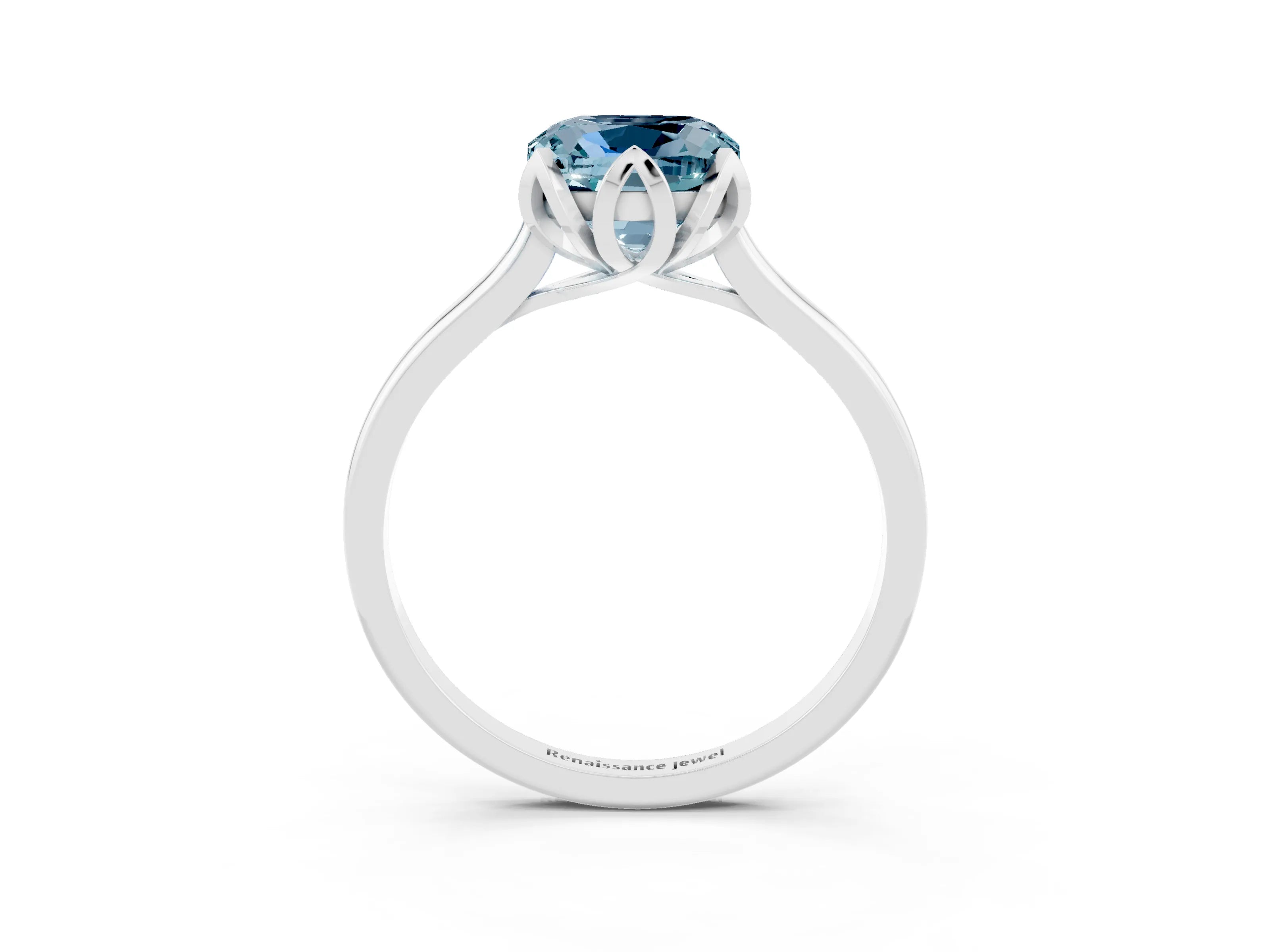 White gold Cushion Cut Aquamarine Solitaire Ring with Flower Prong Setting and Classic Band_15