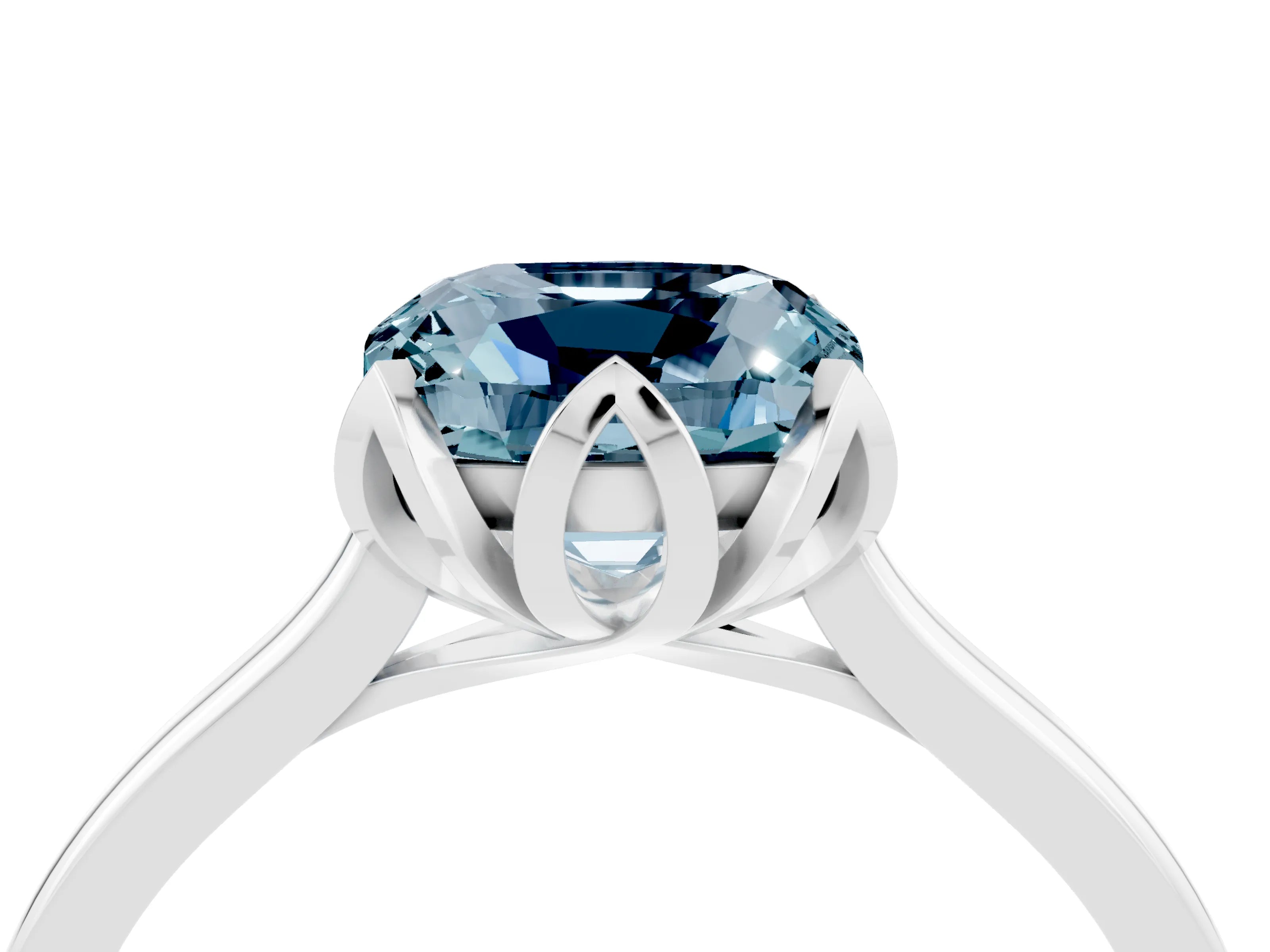 White gold Cushion Cut Aquamarine Solitaire Ring with Flower Prong Setting and Classic Band_16