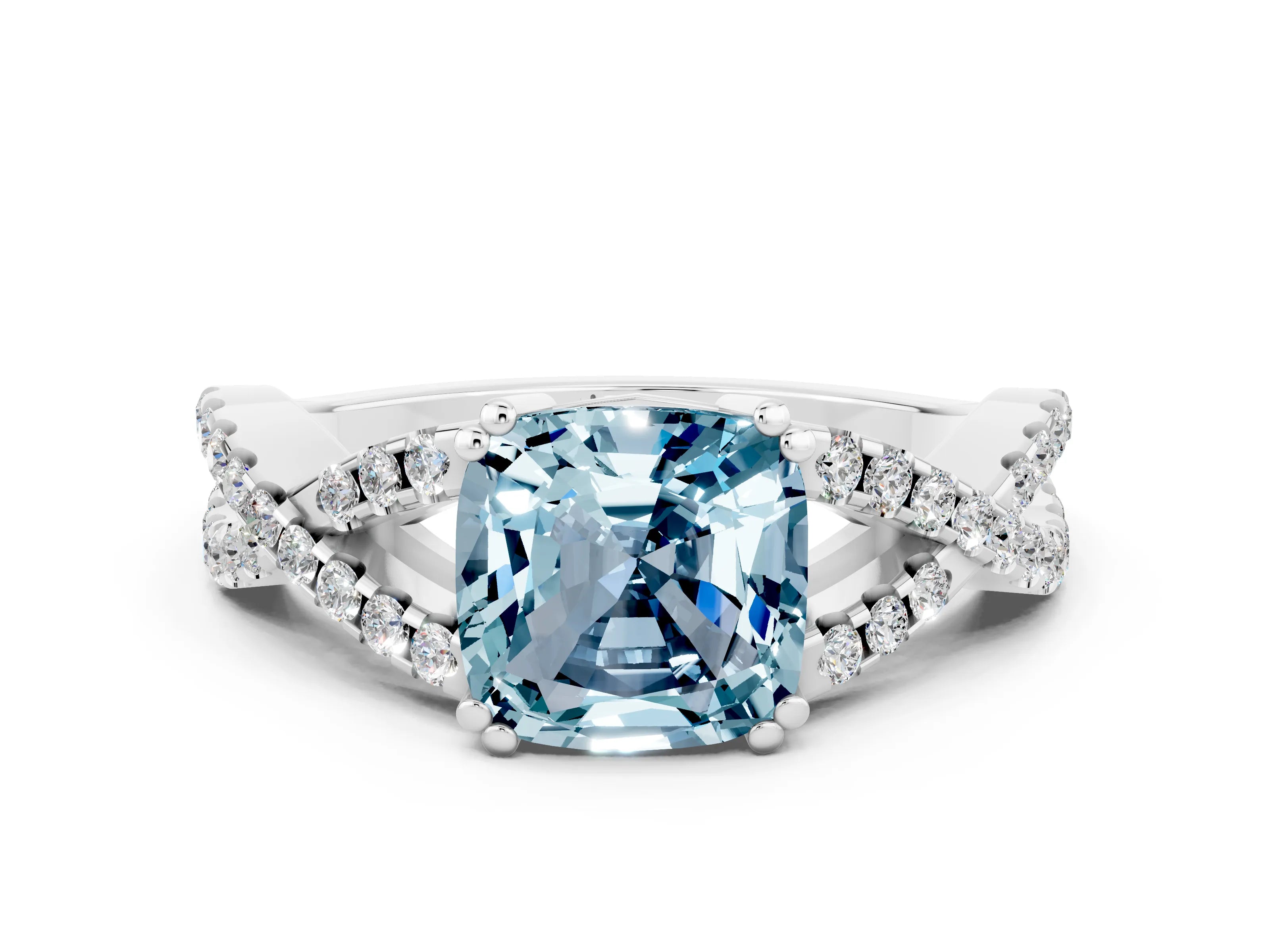 White gold Cushion Cut Aquamarine Solitaire Ring with Four-Prong Setting and Twisted Pavé Band