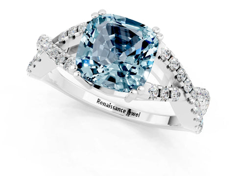 White gold Cushion Cut Aquamarine Solitaire Ring with Four-Prong Setting and Twisted Pavé Band_1