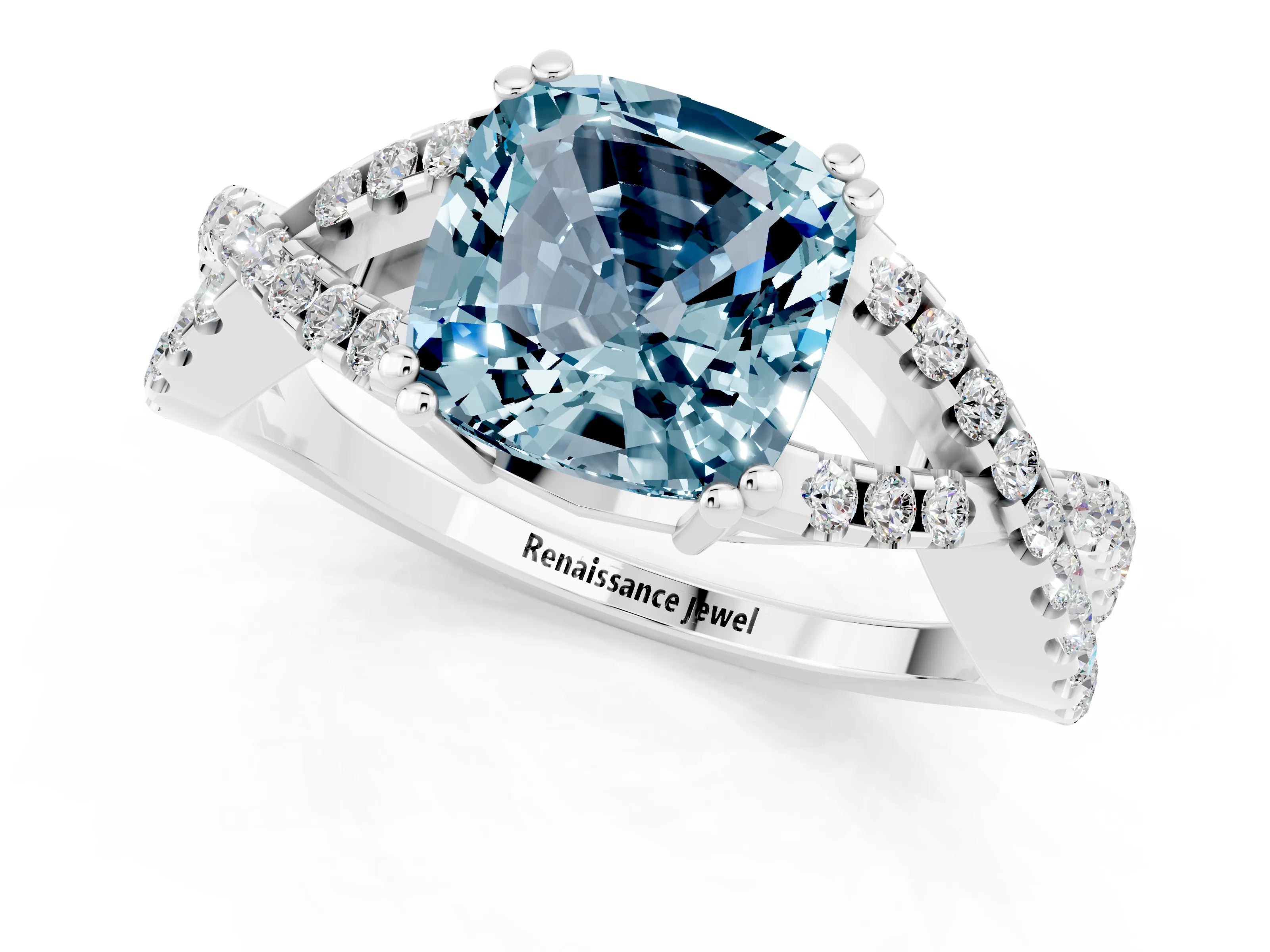 White gold Cushion Cut Aquamarine Solitaire Ring with Four-Prong Setting and Twisted Pavé Band_1