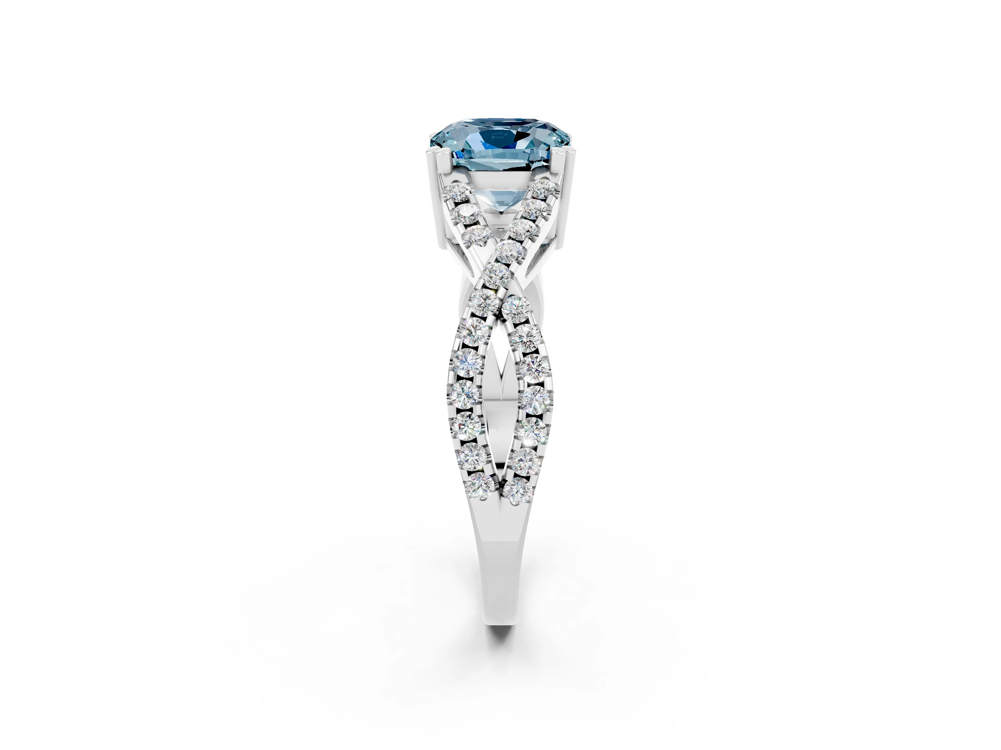 White gold Cushion Cut Aquamarine Solitaire Ring with Four-Prong Setting and Twisted Pavé Band_2
