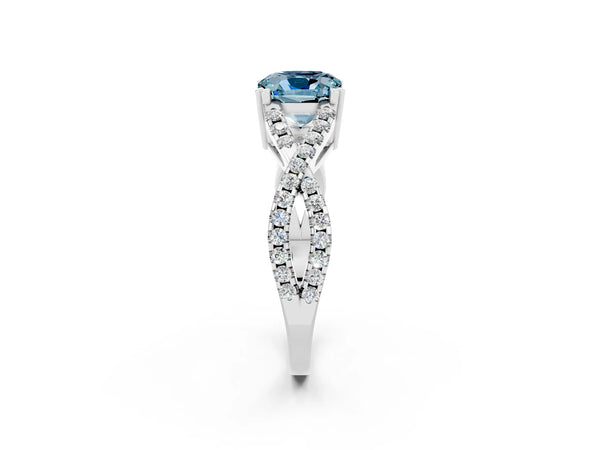 White gold Cushion Cut Aquamarine Solitaire Ring with Four-Prong Setting and Twisted Pavé Band
