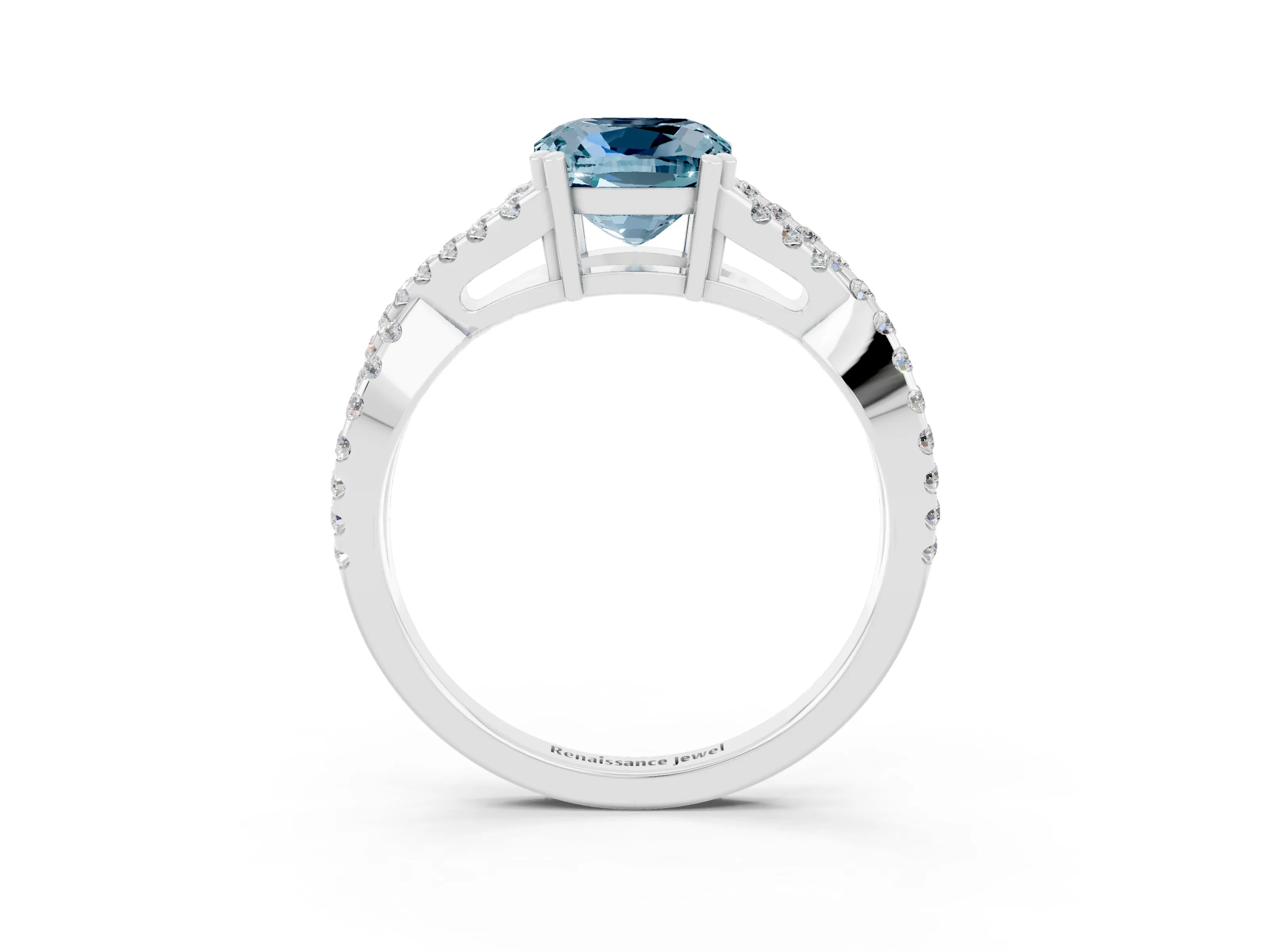 White gold Cushion Cut Aquamarine Solitaire Ring with Four-Prong Setting and Twisted Pavé Band_3
