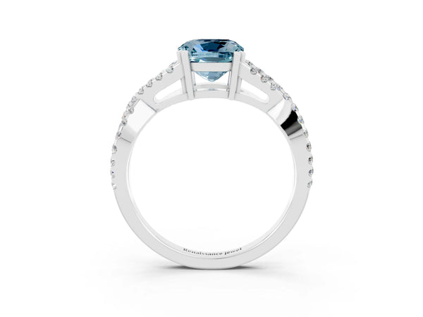 Silver Cushion Cut Aquamarine Solitaire Ring with Four-Prong Setting and Twisted Pavé Band