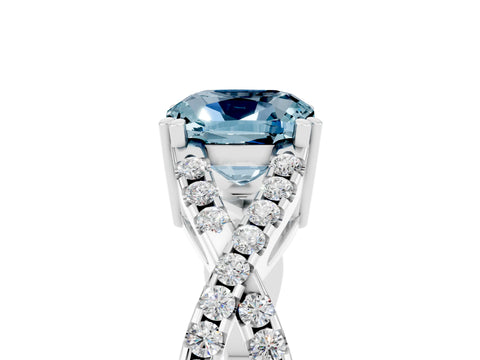 White gold Cushion Cut Aquamarine Solitaire Ring with Four-Prong Setting and Twisted Pavé Band_5