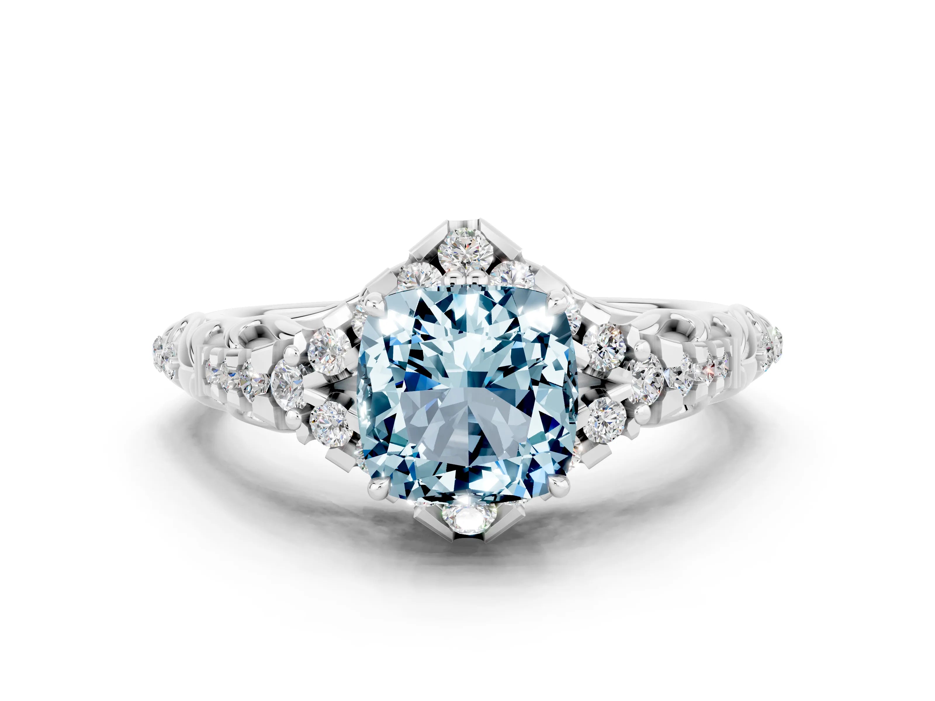White gold Cushion Cut Aquamarine Solitaire Ring with Hidden Halo and Pavé Band_12
