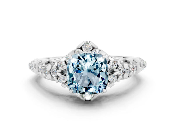 White gold Cushion Cut Aquamarine Solitaire Ring with Hidden Halo and Pavé Band