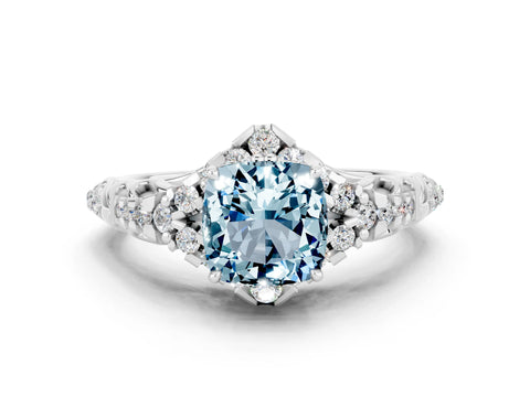 White gold Cushion Cut Aquamarine Solitaire Ring with Hidden Halo and Pavé Band_12