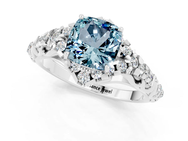 Platinum Cushion Cut Aquamarine Solitaire Ring with Hidden Halo and Pavé Band