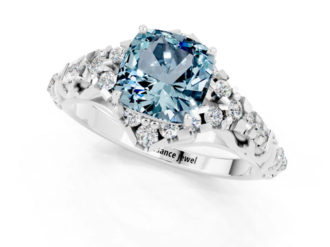 White gold Cushion Cut Aquamarine Solitaire Ring with Hidden Halo and Pavé Band_13
