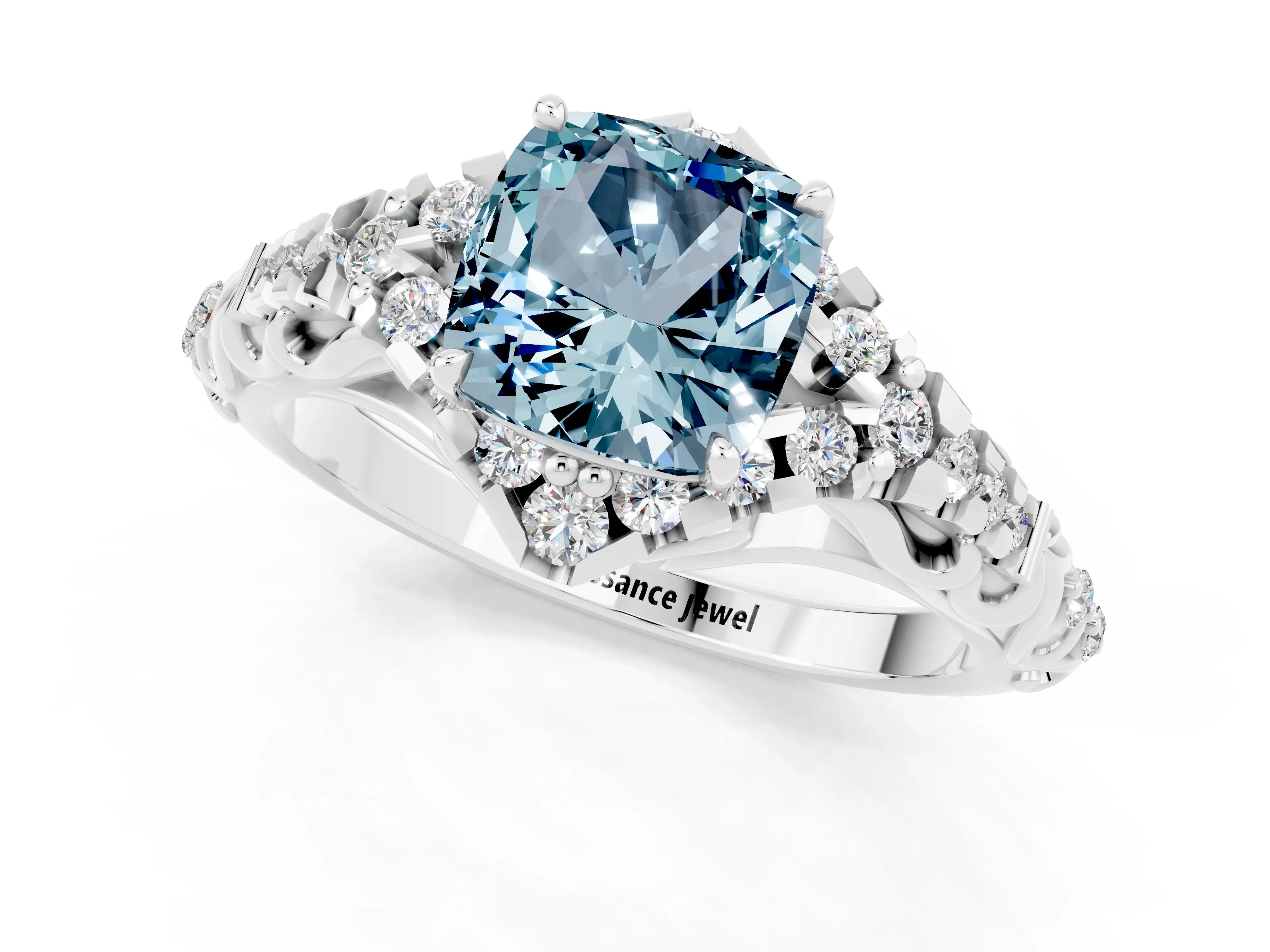 White gold Cushion Cut Aquamarine Solitaire Ring with Hidden Halo and Pavé Band_13