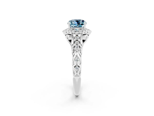 Platinum Cushion Cut Aquamarine Solitaire Ring with Hidden Halo and Pavé Band