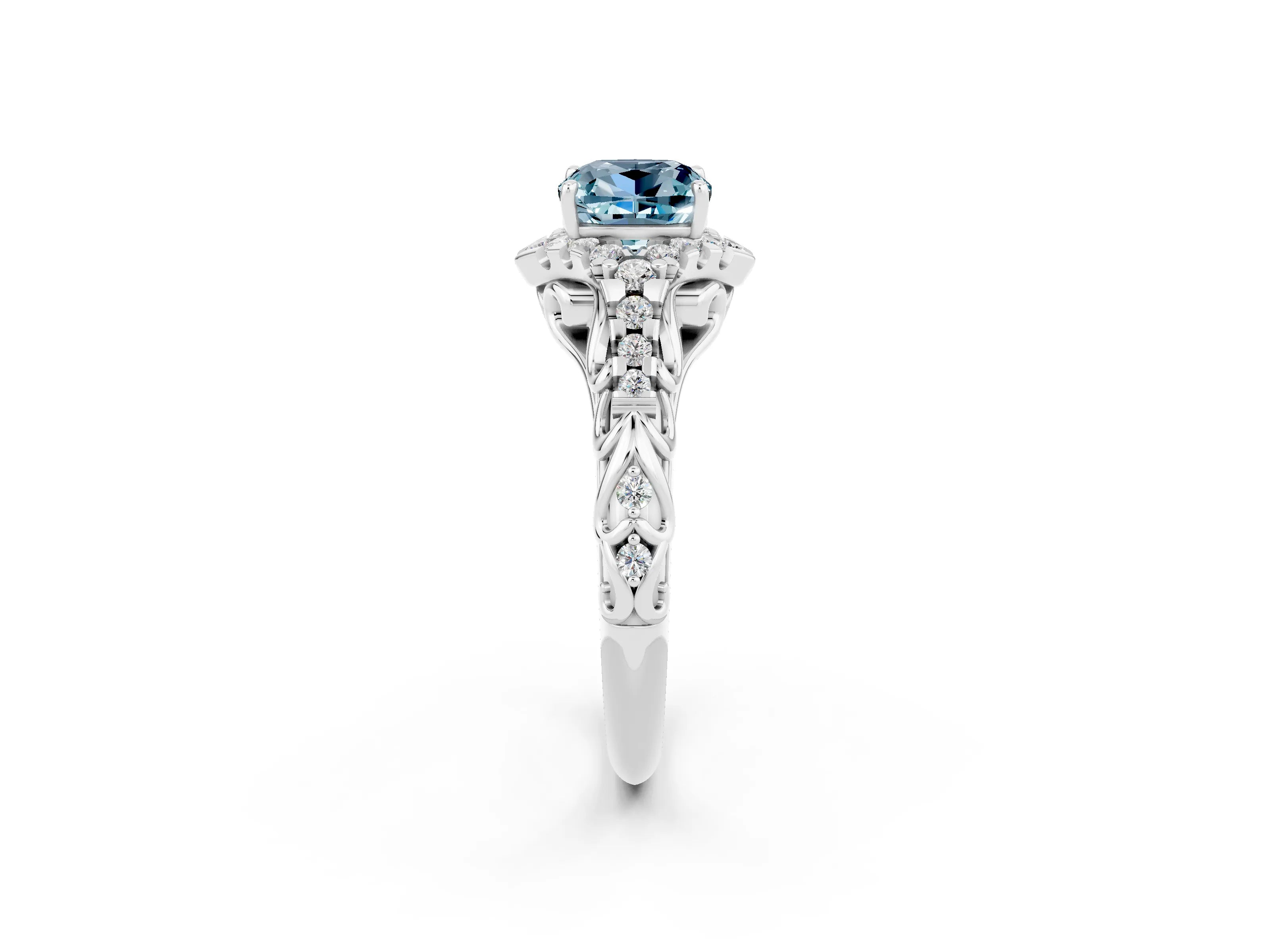 White gold Cushion Cut Aquamarine Solitaire Ring with Hidden Halo and Pavé Band_14