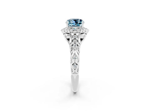 White gold Cushion Cut Aquamarine Solitaire Ring with Hidden Halo and Pavé Band_14