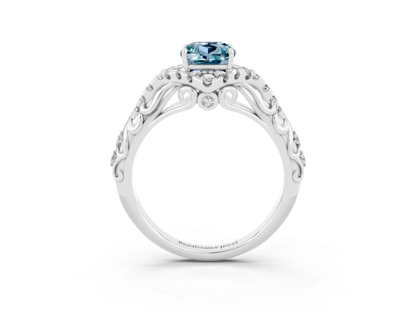 White gold Cushion Cut Aquamarine Solitaire Ring with Hidden Halo and Pavé Band