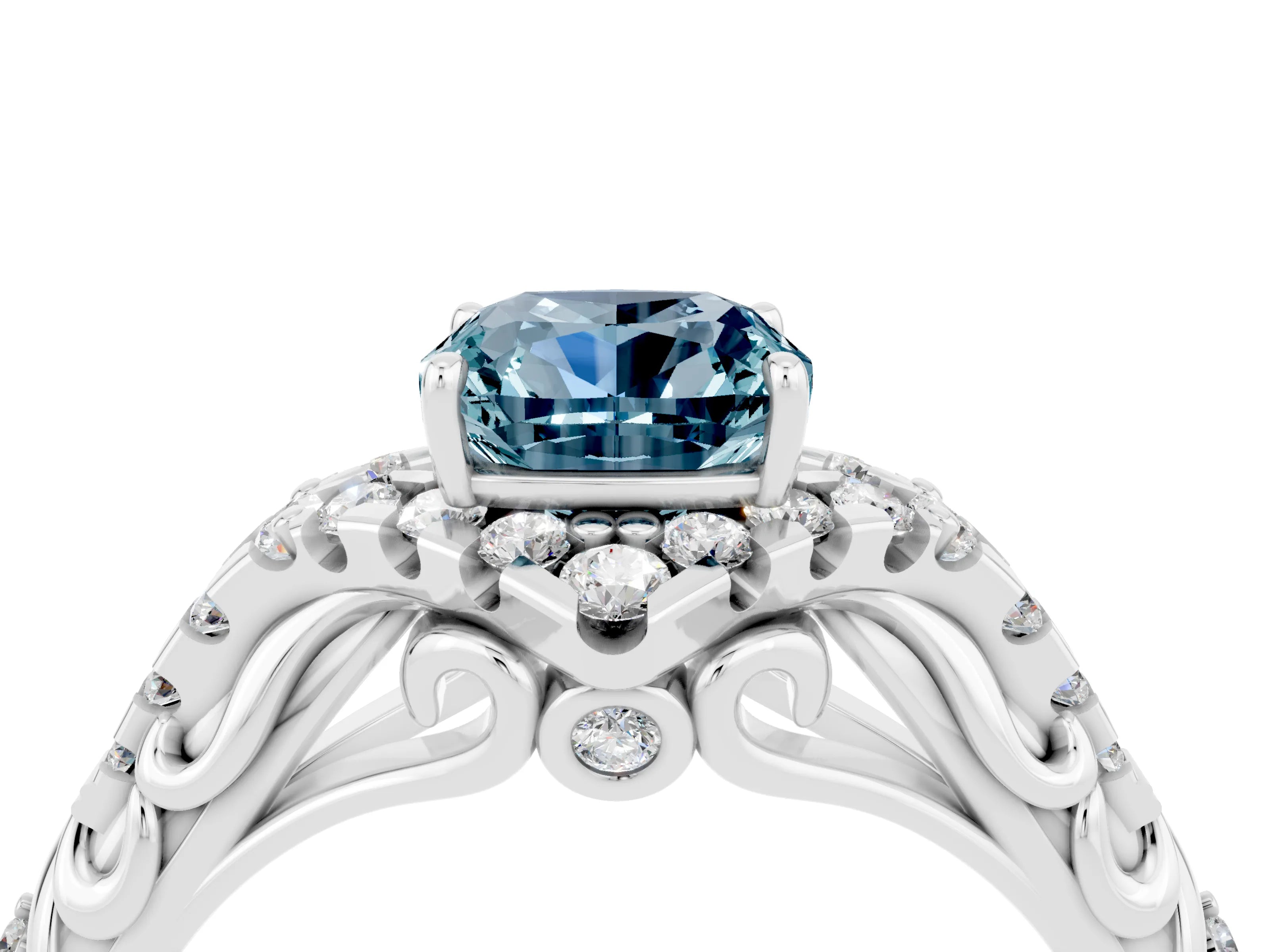 White gold Cushion Cut Aquamarine Solitaire Ring with Hidden Halo and Pavé Band_16