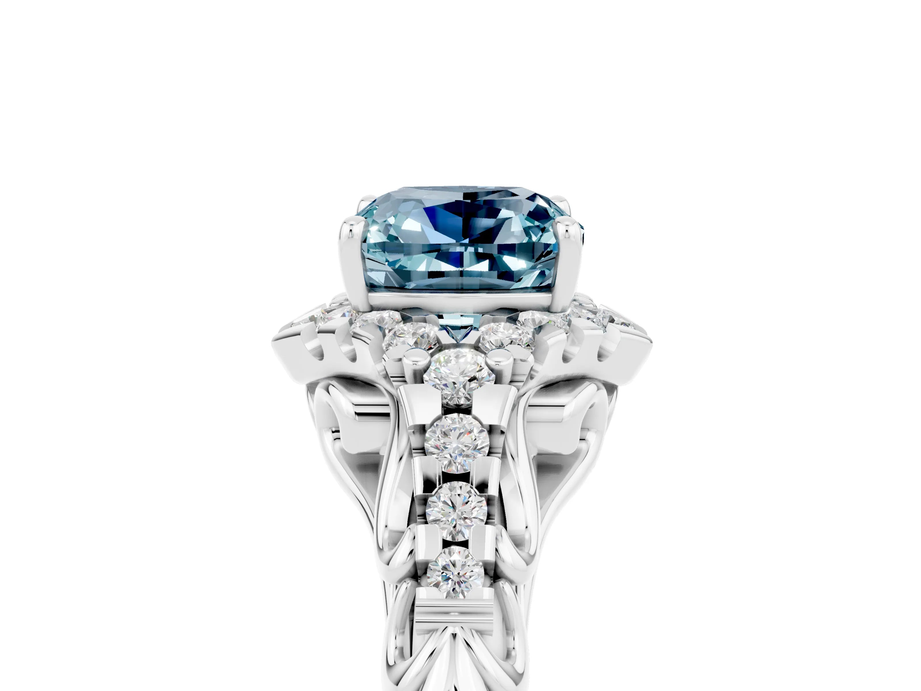 White gold Cushion Cut Aquamarine Solitaire Ring with Hidden Halo and Pavé Band_17