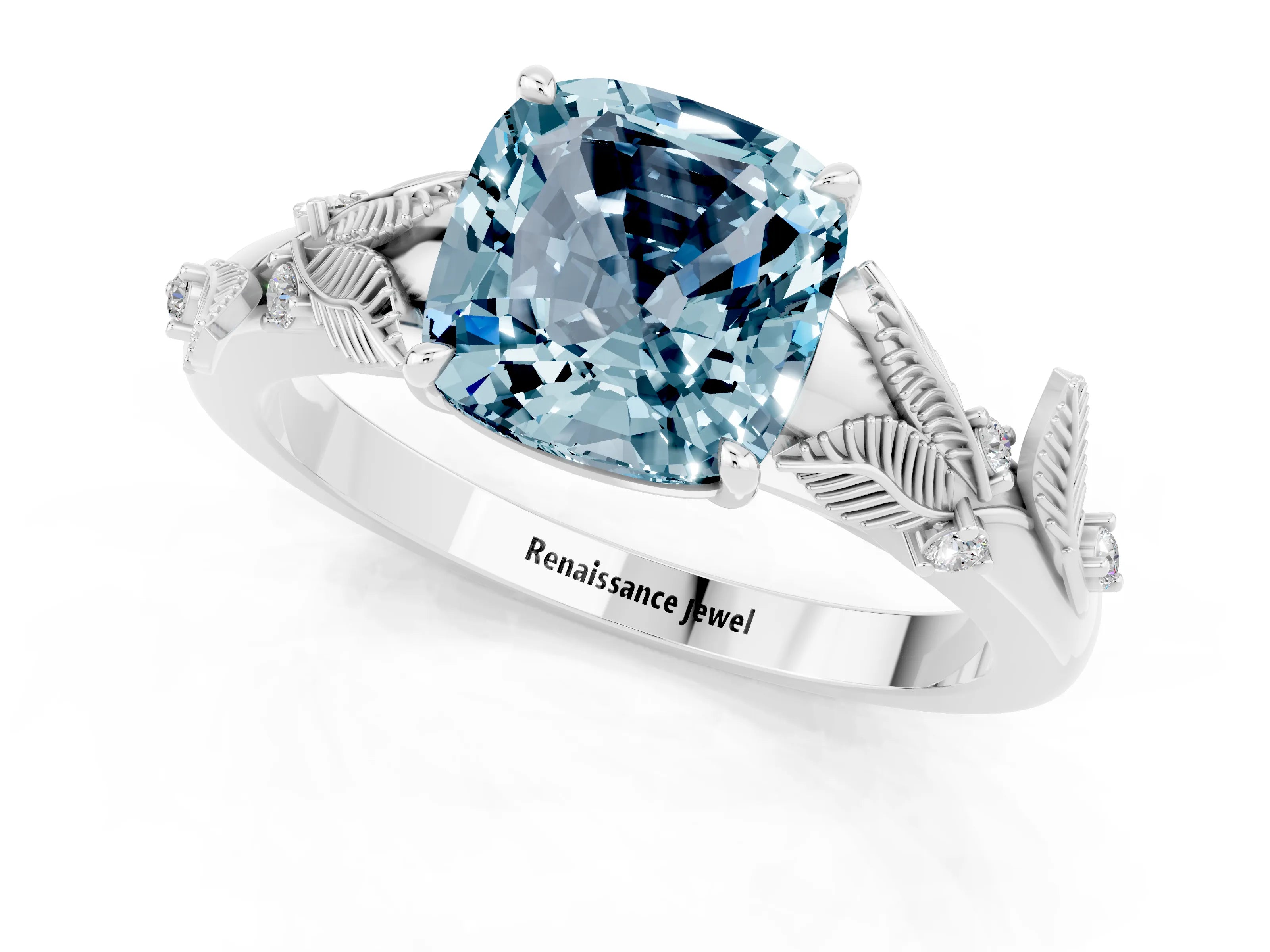 White gold Cushion Cut Aquamarine Solitaire Ring with Leaf Motif Band and Four-Prong Setting_1