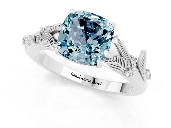 Platinum Cushion Cut Aquamarine Solitaire Ring with Leaf Motif Band and Four-Prong Setting