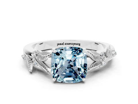 White gold Cushion Cut Aquamarine Solitaire Ring with Leaf Motif Band and Four-Prong Setting_12
