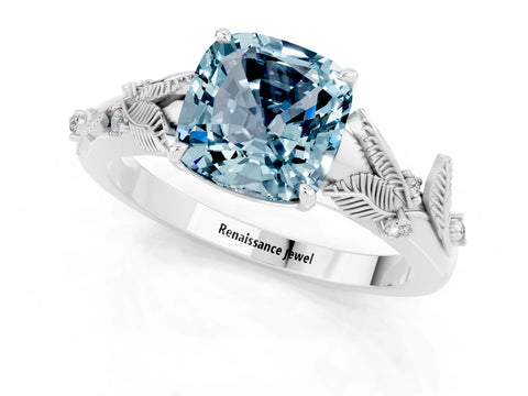 White gold Cushion Cut Aquamarine Solitaire Ring with Leaf Motif Band and Four-Prong Setting_12