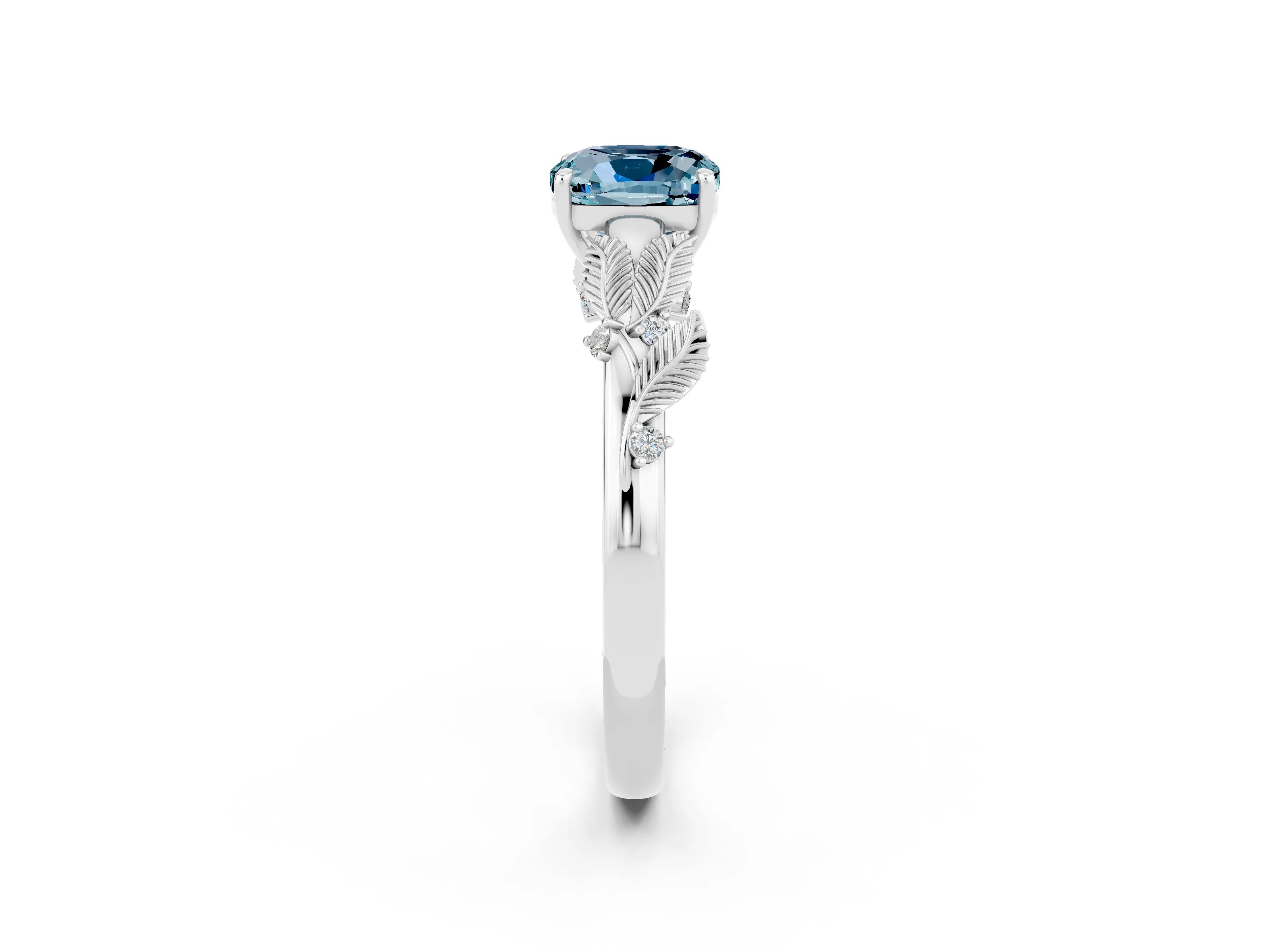 White gold Cushion Cut Aquamarine Solitaire Ring with Leaf Motif Band and Four-Prong Setting_14