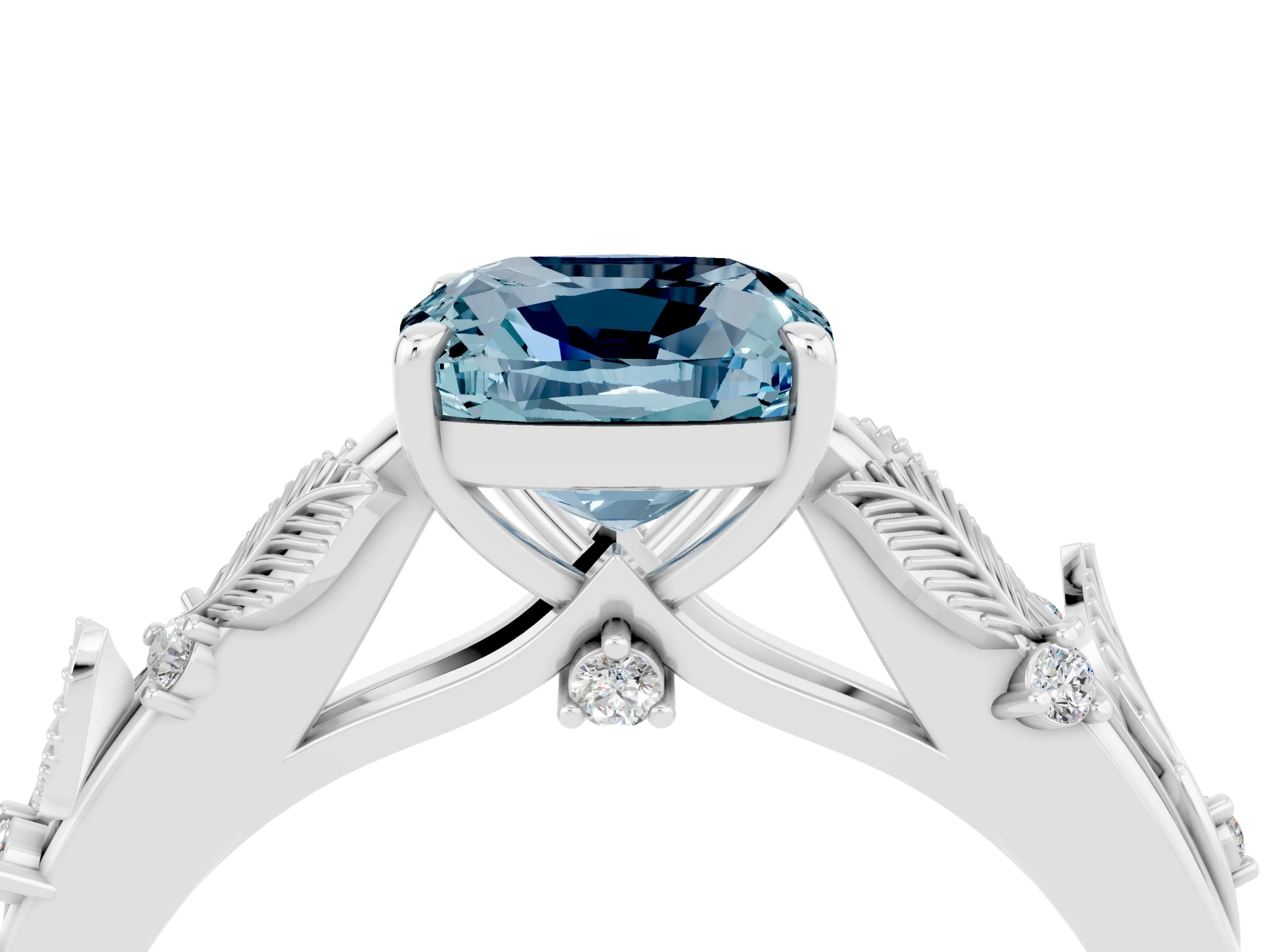 White gold Cushion Cut Aquamarine Solitaire Ring with Leaf Motif Band and Four-Prong Setting_15