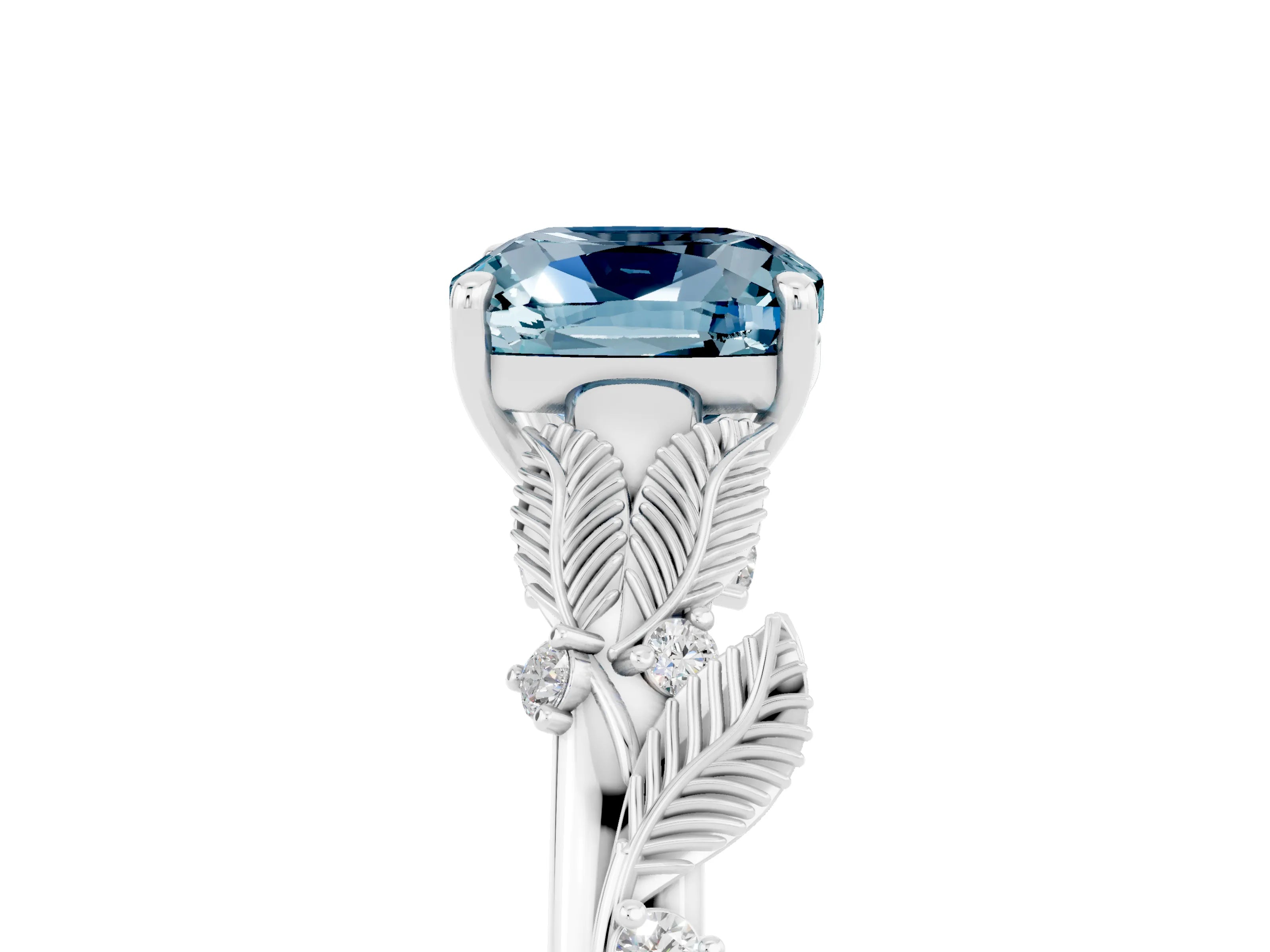 White gold Cushion Cut Aquamarine Solitaire Ring with Leaf Motif Band and Four-Prong Setting_17