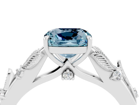 White gold Cushion Cut Aquamarine Solitaire Ring with Leaf Motif Band and Four-Prong Setting_22