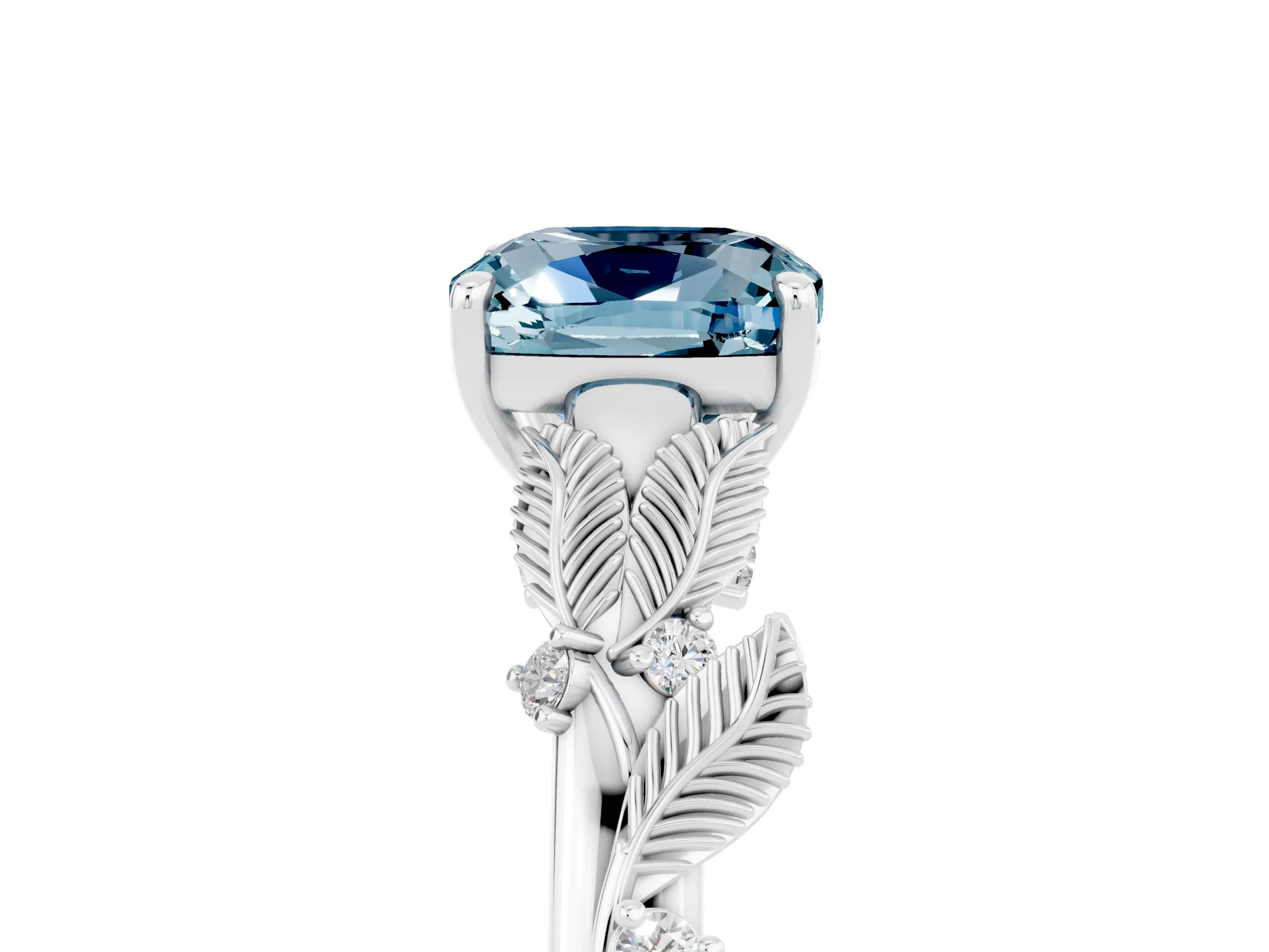 White gold Cushion Cut Aquamarine Solitaire Ring with Leaf Motif Band and Four-Prong Setting_23