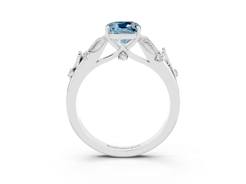 White gold Cushion Cut Aquamarine Solitaire Ring with Leaf Motif Band and Four-Prong Setting_3